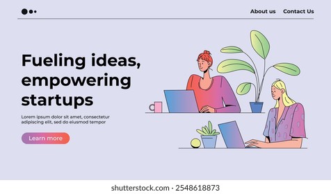 Flat vector illustration of two female characters working on laptops. One character with red hair and casual clothes, another with blonde hair. Focused emotions. Isolated on light background.