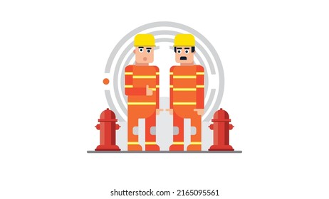 flat vector illustration of two firefighters with a fire hydrant next to it.