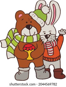 Flat vector illustration. Two friends bear and hare celebrate with christmas.