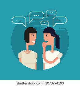 Flat vector illustration of two girl friends gossiping with each other. One girl tells some secret covering her mouth, speech bubbles are over them.