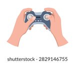 Flat vector illustration of two hands holding a gamepad.
