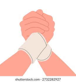 Flat vector illustration of two hands gripping each other wearing wristbands, symbolizing teamwork, support, unity, and sportsmanship. Minimal and modern cartoon style isolated on white background. Ideal for sports concepts, fitness motivation, partnership, collaboration, trust, team spirit, coaching materials, posters, websites, and mobile apps.