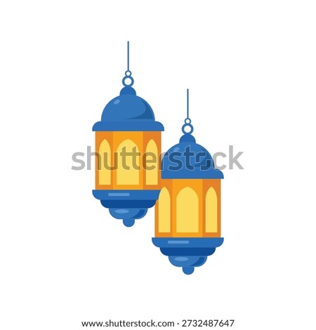 Flat vector illustration of two hanging blue and orange Islamic lanterns or Fanous for Ramadan decoration.