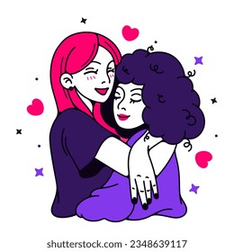 Flat vector illustration of two hugging girls. The concept of friendship and mutual assistance. Fight for women's rights.