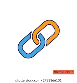 A flat vector illustration of two interlocking chain links in orange and blue colors symbolizing connection