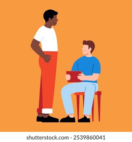 flat vector illustration, two male characters interacting against an orange background. Symbolizing  diversity, communication, and friendship, teamwork, social interaction, collaboration