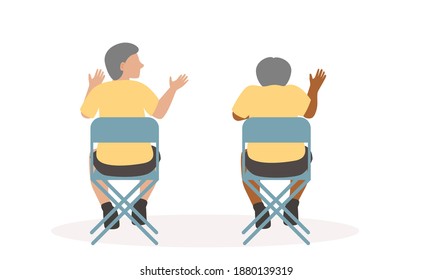 Ilustración vectorial plana , dos hombres se sientan en la silla y hablan.