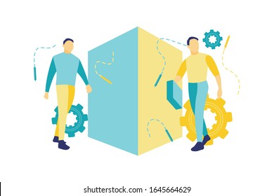 Flat vector illustration, two men are walking will meet at an intersection. Two men who are going to work. One of them carried a briefcase