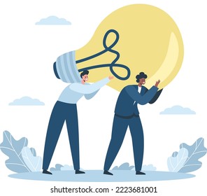 Flat vector illustration. Two men carrying a huge light bulb. A light-skinned man and a dark-skinned mucina. Collaboration concept, ideas, collaboration 