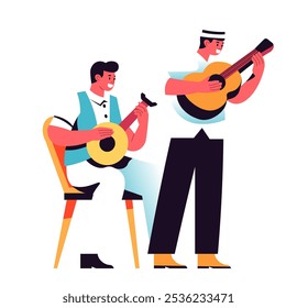 Ilustración vectorial plana de dos hombres tocando la guitarra en un estilo de música folk. Aislado sobre fondo blanco, adecuado para proyectos culturales o relacionados con la música.