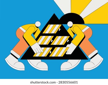 Flat Vector Illustration of Two Men Building a Data Storage Pyramid