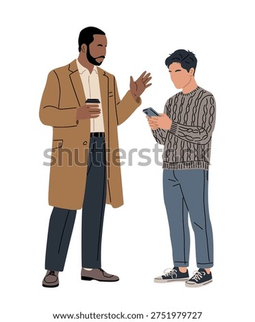 Flat vector illustration of two men standing together: one gesturing while holding coffee, the other checking a smartphone. Casual conversation and modern communication concept, isolated on white.