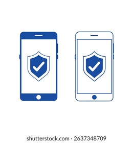 Flat vector illustration of two mobile phones with shield checkmark icons, symbolizing security, protection, and data privacy in digital or mobile environments