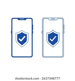 Flat vector illustration of two mobile phones with shield checkmark icons, symbolizing security, protection, and data privacy in digital or mobile environments