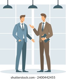 Flat vector illustration. Two office workers in business suits talking to each other 