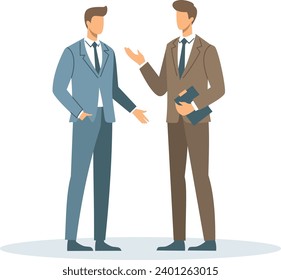 Flat vector illustration. Two office workers in business suits talking to each other 