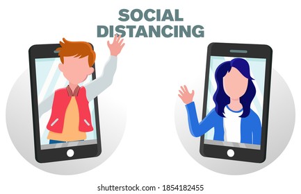Flat vector illustration of two people making video calls by smartphone. Suitable for design elements of social distancing campaigns, use of internet technology for distance communication.