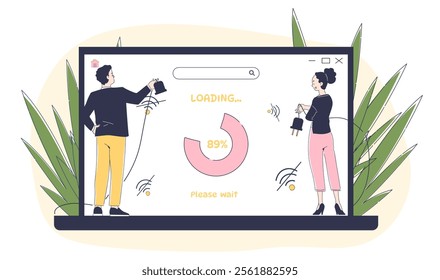 Flat vector illustration of two people watering a progress bar on a laptop screen, symbolizing growth, progress, and teamwork. Concept of loading, development, and collaboration