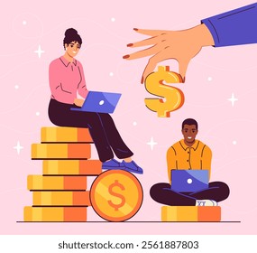 Flat vector illustration of two people working on laptops, sitting on stacks of coins, with a hand holding a large dollar symbol above. Concept of online earnings, finance, and investment