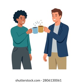 A flat vector illustration of two people smiling while clinking their coffee mugs together.
