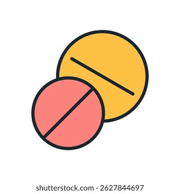 Flat vector illustration of two round tablets in different colors, red and yellow, with visible score lines