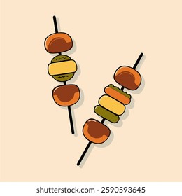 Flat vector illustration of two skewers of grilled kebabs, symbolizing Middle Eastern cuisine, in a modern and simple icon style