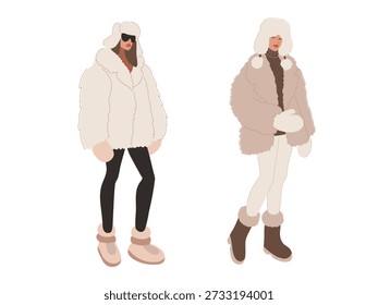 A flat vector illustration of two Slavic girls in stylish fur coats and traditional winter hats. Captures the cozy and trendy 'Slavic core' aesthetic. Perfect for winter fashion themes, social media, and cultural design projects.