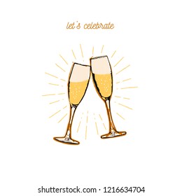 Flat vector illustration - Two sparkling glasses of champagne