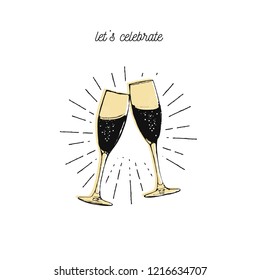 Flat vector illustration - Two sparkling glasses of champagne