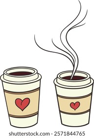 Flat vector illustration of two takeaway coffee cups with heart decorations, one steaming. Perfect for designs related to love, cafes, or Valentine's Day.