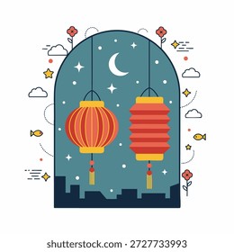 Flat vector illustration of two traditional hanging lanterns inside an arched window frame