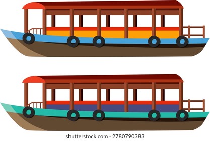 Flat vector illustration of two traditional river cruise bumboats with colorful hulls and roofs