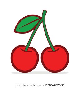 A flat vector illustration of two vibrant red cherries attached to a green stem with a single leaf against a white background