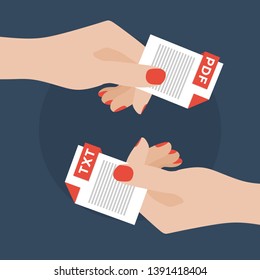 Flat Vector Illustration of Two Women Hands Exchanging File Formats. Hands Converting Different Formats. Convert PDF to TXT. File Format Conversion. Flat Icons