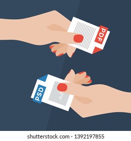 Flat Vector Illustration of Two Women Hands Exchanging File Formats. Hands Converting Different Formats. Convert PDF to PSD. File Format Conversion. Flat Icons