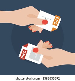Flat Vector Illustration of Two Women Hands Exchanging File Formats. Hands Converting Different Formats. Convert EPS to PNG. File Format Conversion. Flat Icons