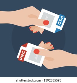 Flat Vector Illustration of Two Women Hands Exchanging File Formats. Hands Converting Different Formats. Convert PSD to PNG. File Format Conversion. Flat Icons