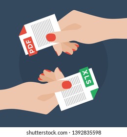 Flat Vector Illustration of Two Women Hands Exchanging File Formats. Hands Converting Different Formats. Convert PDF to XLS. File Format Conversion. Flat Icons