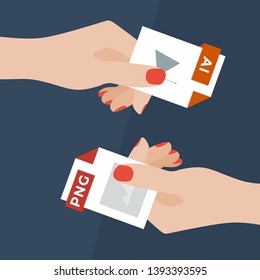 Flat Vector Illustration of Two Women Hands Exchanging File Formats. Hands Converting Different Formats. Convert AI to PNG. File Format Conversion. Flat Icons