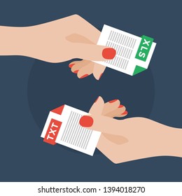 Flat Vector Illustration of Two Women Hands Exchanging File Formats. Hands Converting Different Formats. Convert XLS to TXT. File Format Conversion. Flat Icons