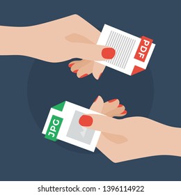 Flat Vector Illustration of Two Women Hands Exchanging File Formats. Hands Converting Different Formats. Convert PDF to JPG. File Format Conversion. Flat Icons