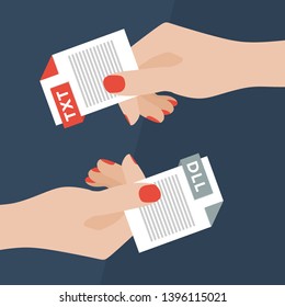 Flat Vector Illustration of Two Women Hands Exchanging File Formats. Hands Converting Different Formats. Convert TXT to DLL. File Format Conversion. Flat Icons