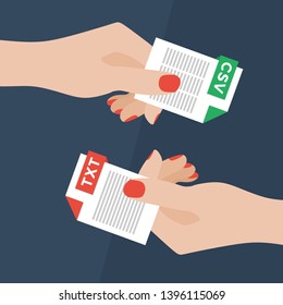 Flat Vector Illustration of Two Women Hands Exchanging File Formats. Hands Converting Different Formats. Convert TXT to CSV. File Format Conversion. Flat Icons