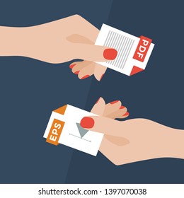 Flat Vector Illustration of Two Women Hands Exchanging File Formats. Hands Converting Different Formats. Convert PDF to EPS. File Format Conversion. Flat Icons