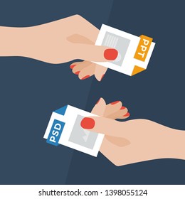 Flat Vector Illustration of Two Women Hands Exchanging File Formats. Hands Converting Different Formats. Convert PSD to PPT. File Format Conversion. Flat Icons