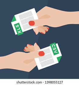 Flat Vector Illustration of Two Women Hands Exchanging File Formats. Hands Converting Different Formats. Convert XLS to CSV. File Format Conversion. Flat Icons