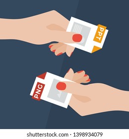 Flat Vector Illustration of Two Women Hands Exchanging File Formats. Hands Converting Different Formats. Convert PPT to PNG. File Format Conversion. Flat Icons
