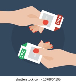 Flat Vector Illustration of Two Women Hands Exchanging File Formats. Hands Converting Different Formats. Convert PNG to GIF. File Format Conversion. Flat Icons