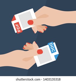 Flat Vector Illustration of Two Women Hands Exchanging File Formats. Hands Converting Different Formats. Convert PDF to DOC. File Format Conversion. Flat Icons