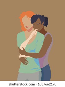 a flat  vector illustration of two women hugging each other and smiling